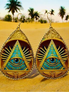Gold-Tone All-Seeing Eye Drop Earrings with Turquoise Accents
